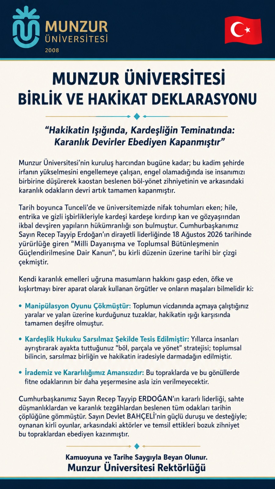 🇹🇷 Munzur Üniversitesi Birlik ve Hakikat Deklarasyonu “Hakikatin Işığında, Kardeşliğin Teminatında: Karanlık Devirler Ebediyen Kapanmıştır”